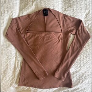 Naked Wardrobe Women's Square Neck Long Sleeve Blouse Fitted Top Brown